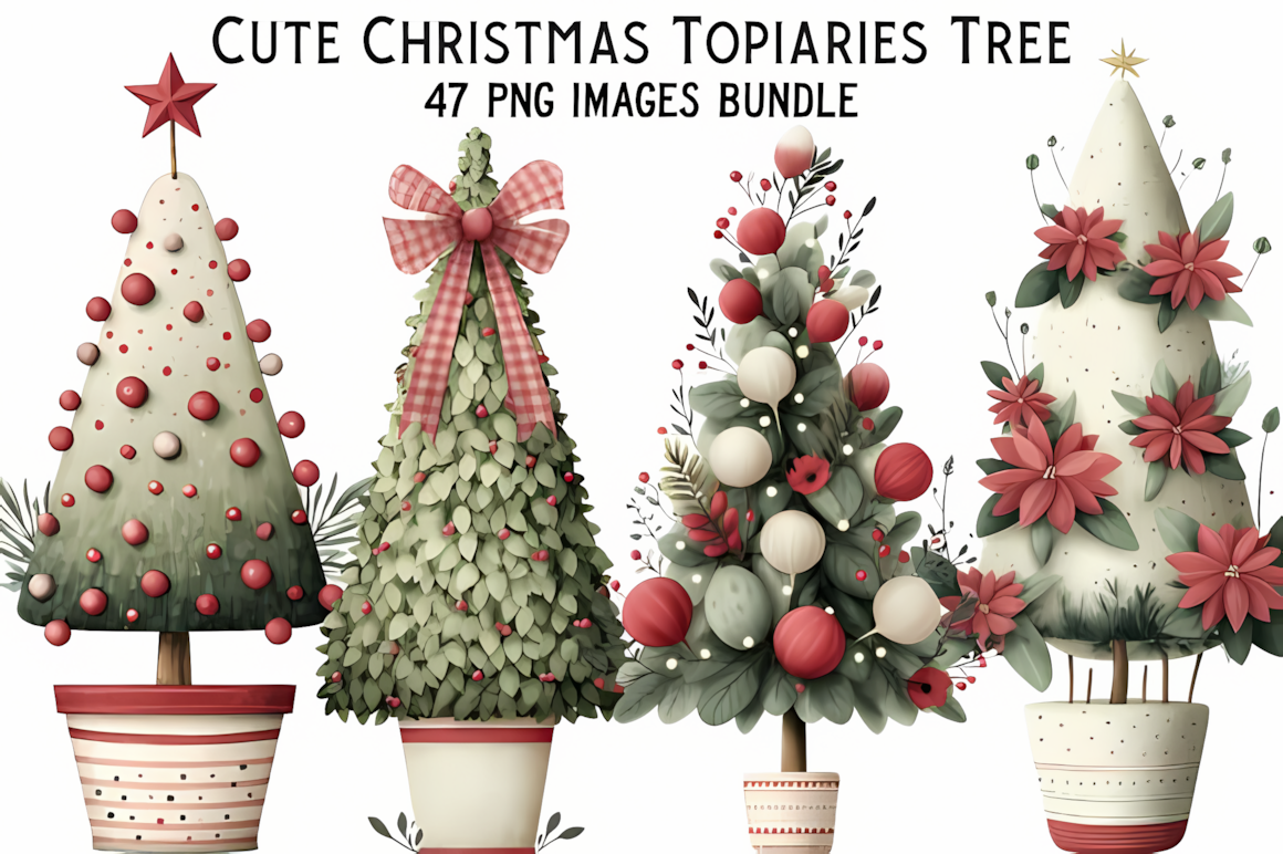 cute topiary christmas tree clipart elements in pots for winter planner stickers