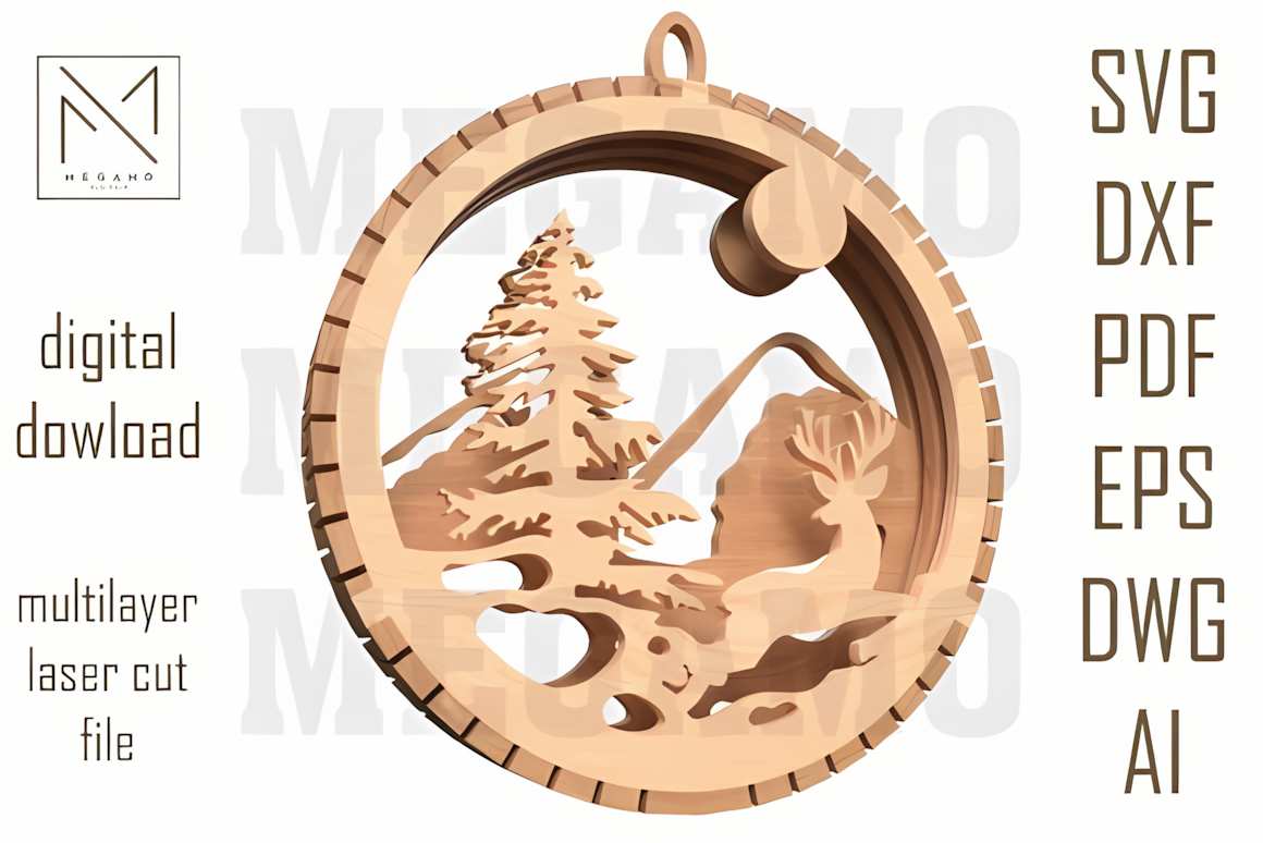 deep woods landscape with layered forest trees featuring reindeer ornament laser cut