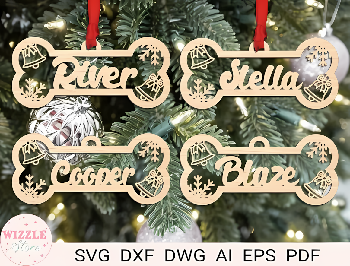 Engraved wooden dog bone christmas ornament glowforge file with scoring lines