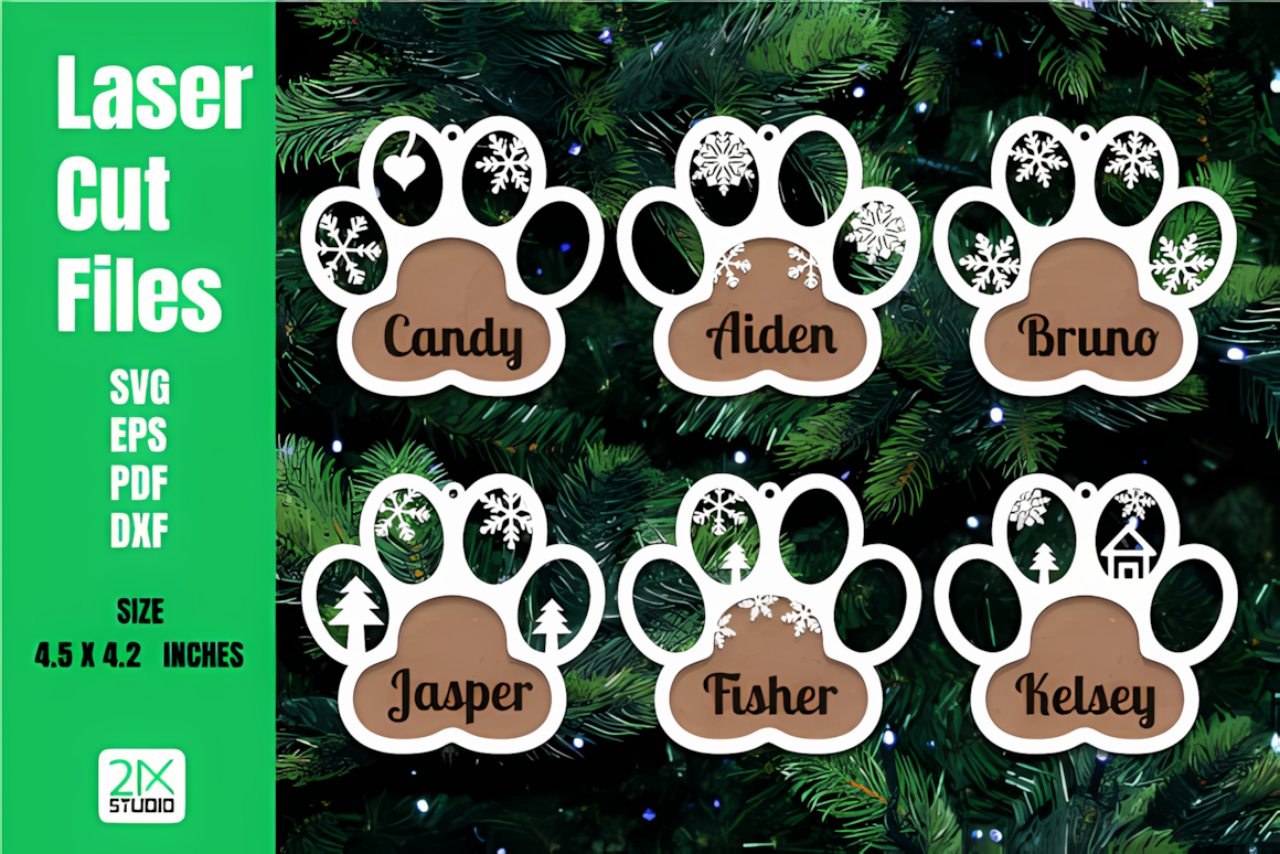 Personalized dog paw christmas ornament svg laser cut pattern for pet names