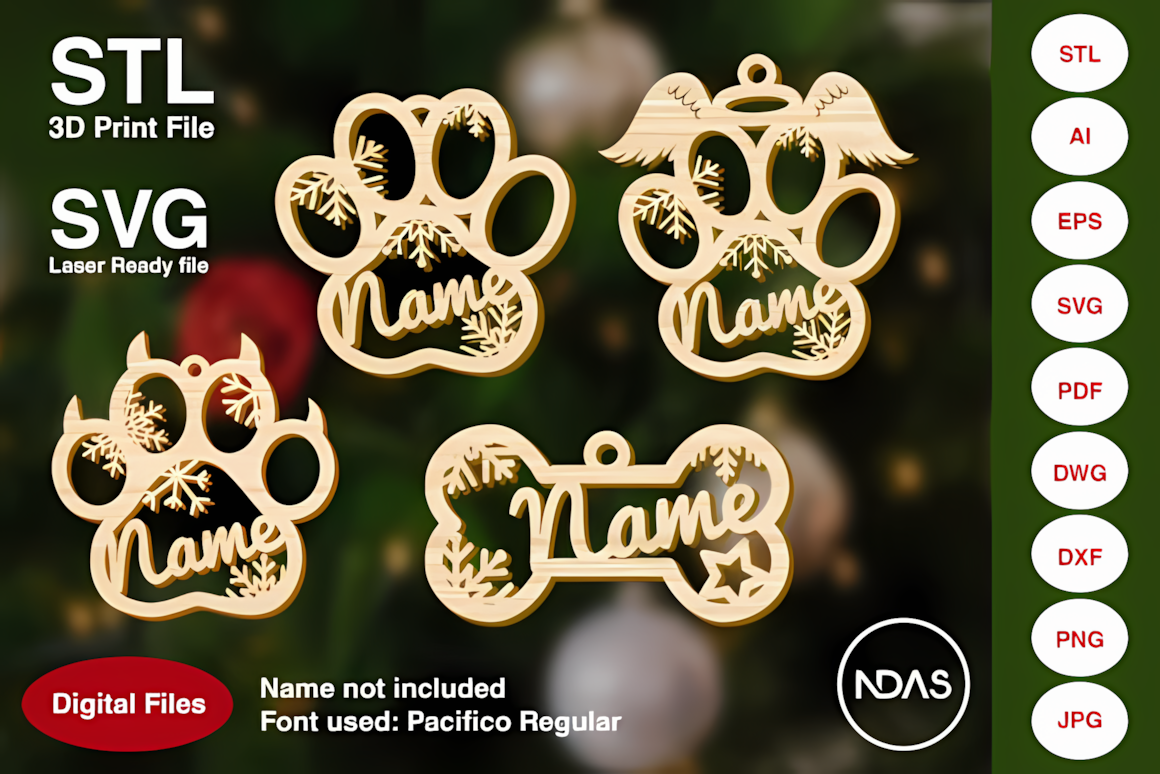 Paw and bone 3d laser cut christmas dog bauble pack with snowflake details