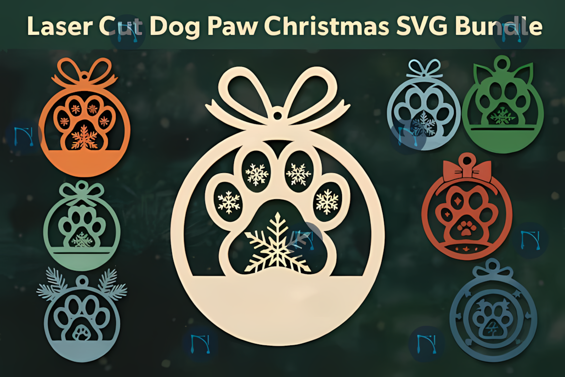 Festive paw print christmas dog ornament laser cut vector set for pet lovers