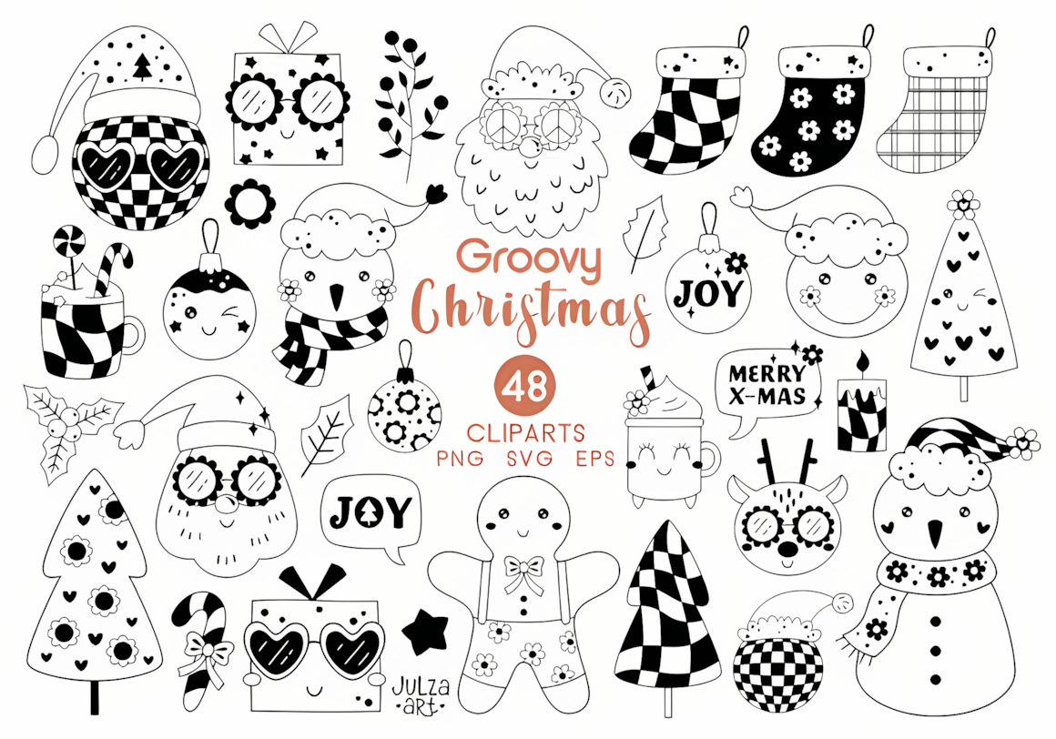 Groovy retro Christmas clipart set for holiday craft projects