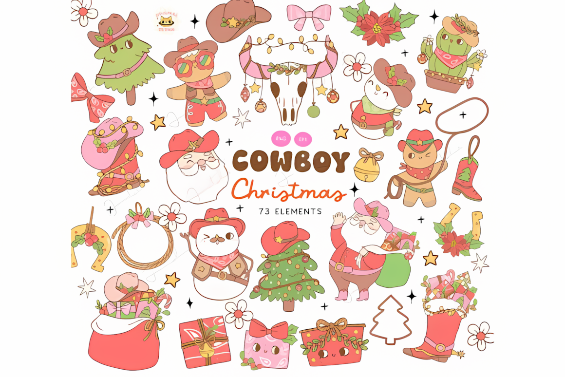Groovy western cowboy Christmas clipart PNG set with festive hat graphics