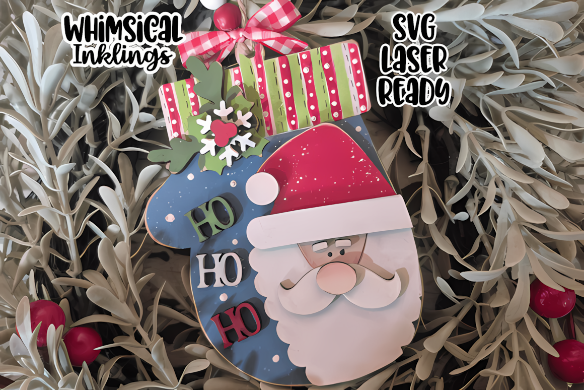 Santa ornament svg laser cut festive mitten shape tree decor