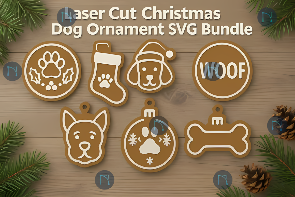 Festive pet bauble christmas dog ornament laser cut bundle for wood cutting