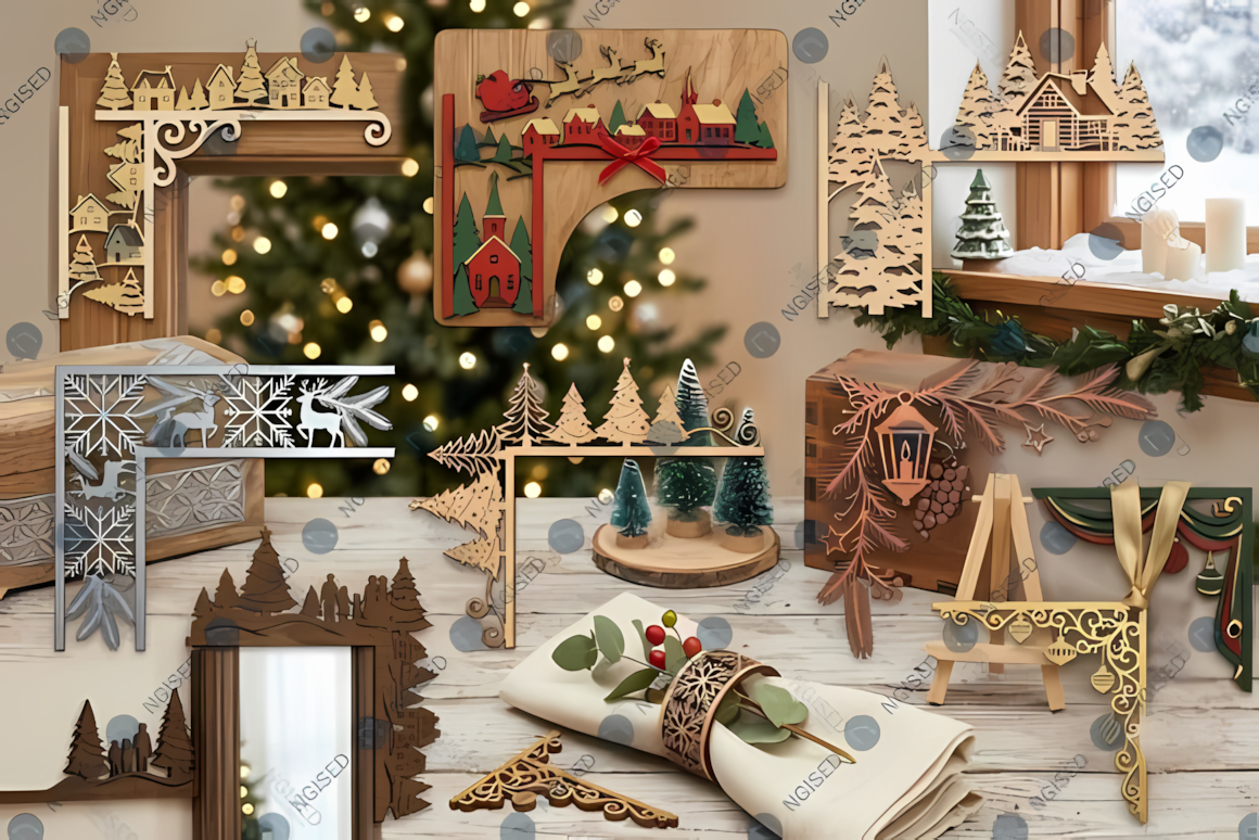 multi-layer relief carving layout prepared for christmas door corner laser cut