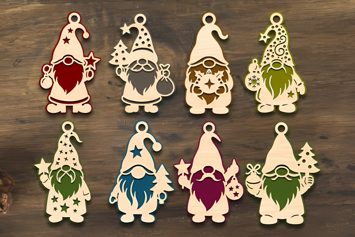laser cut christmas gnome ornament set with festive patterns