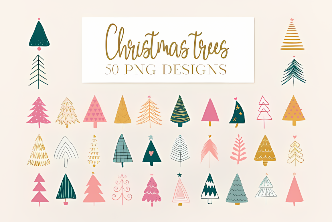modern pastel christmas tree clipart bundle with minimalistic seasonal shapes