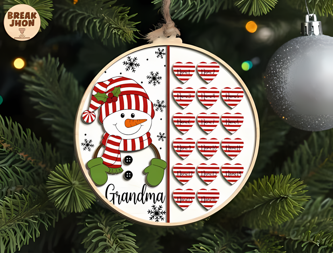 multi heart wooden family tree bauble featuring a custom grandma personalized snowman ornament svg with up to 15 hearts