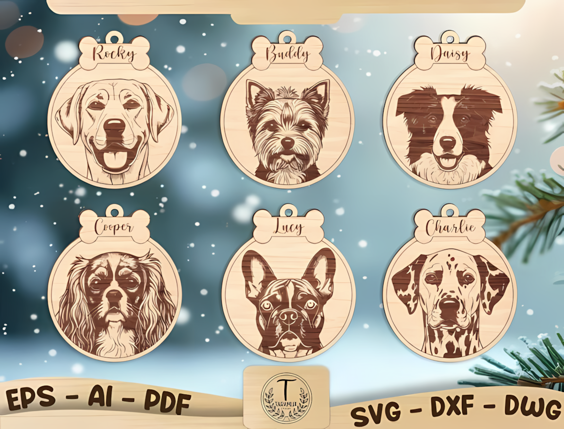 Personalized pet portrait wooden dog bone christmas ornament glowforge file