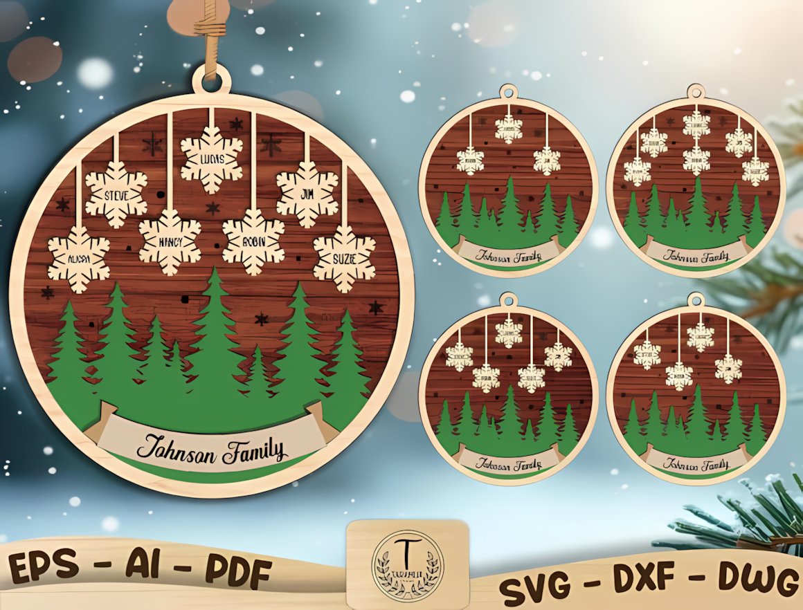 Personalized family name template for a layered snowflake ornament svg