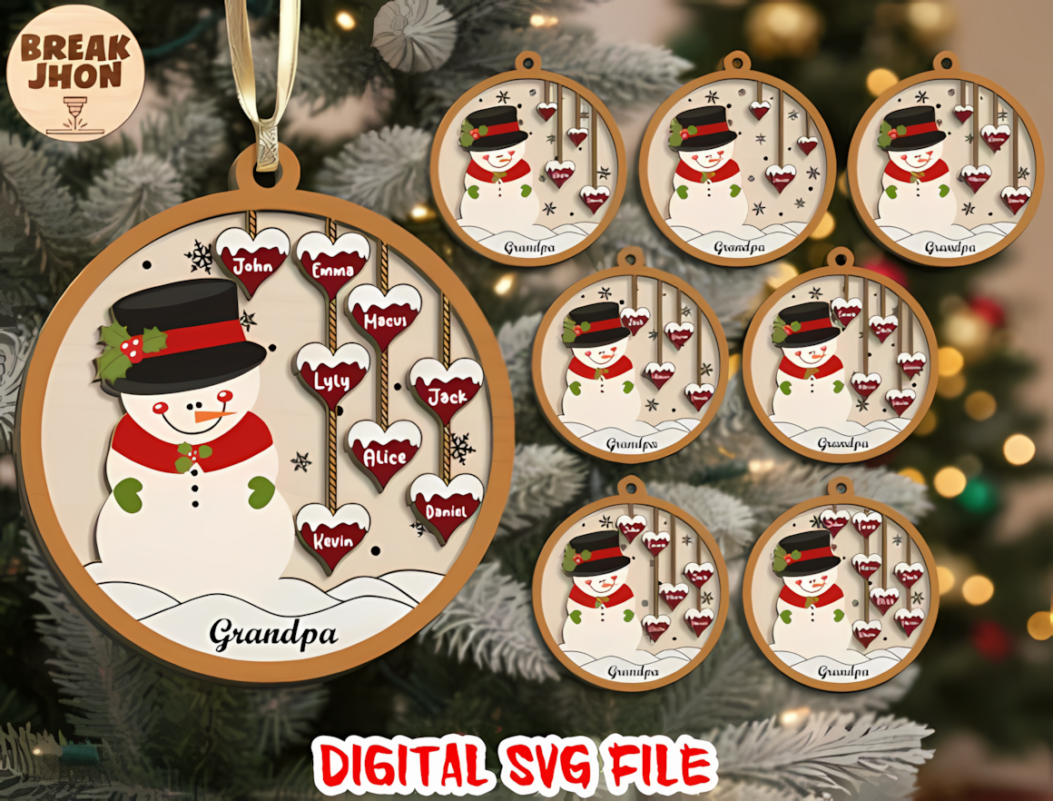 custom wooden tree pendant showing a heart name tag personalized snowman ornament svg for grandparents