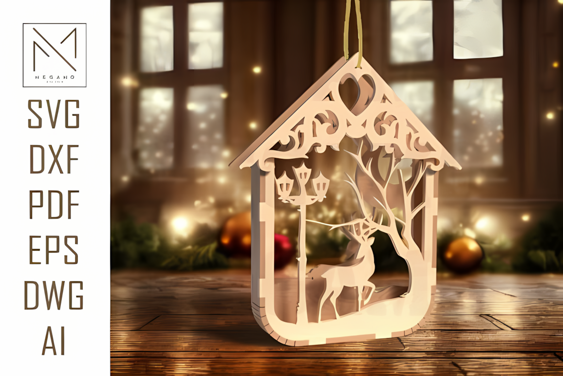 glowing tea light candle lantern box template featuring reindeer ornament laser cut