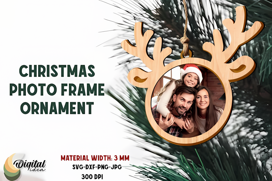 hanging picture frame keepsake for family photo featuring custom family reindeer ornament laser file