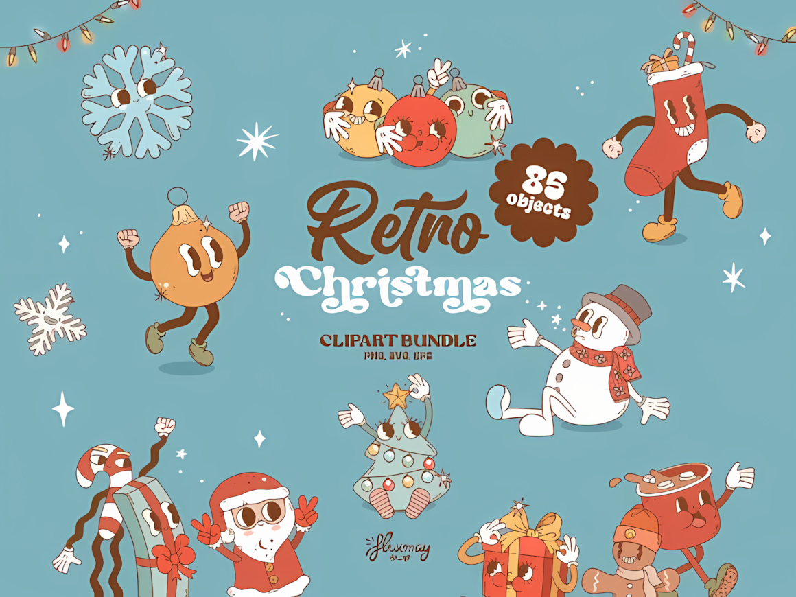 Retro Christmas characters clipart featuring rubber hose style Santa and elves