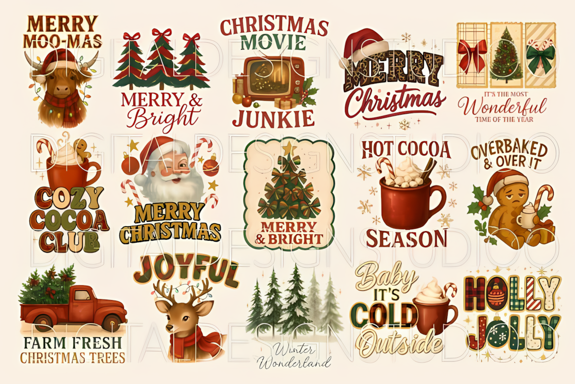 Retro Christmas PNG bundle with transparent festive graphics