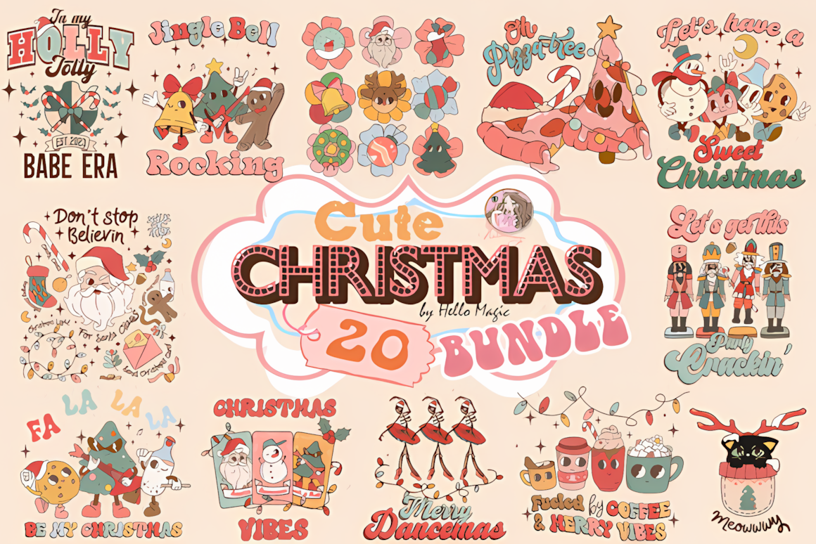 Retro Christmas sublimation PNG bundle with festive holiday graphics for t-shirts