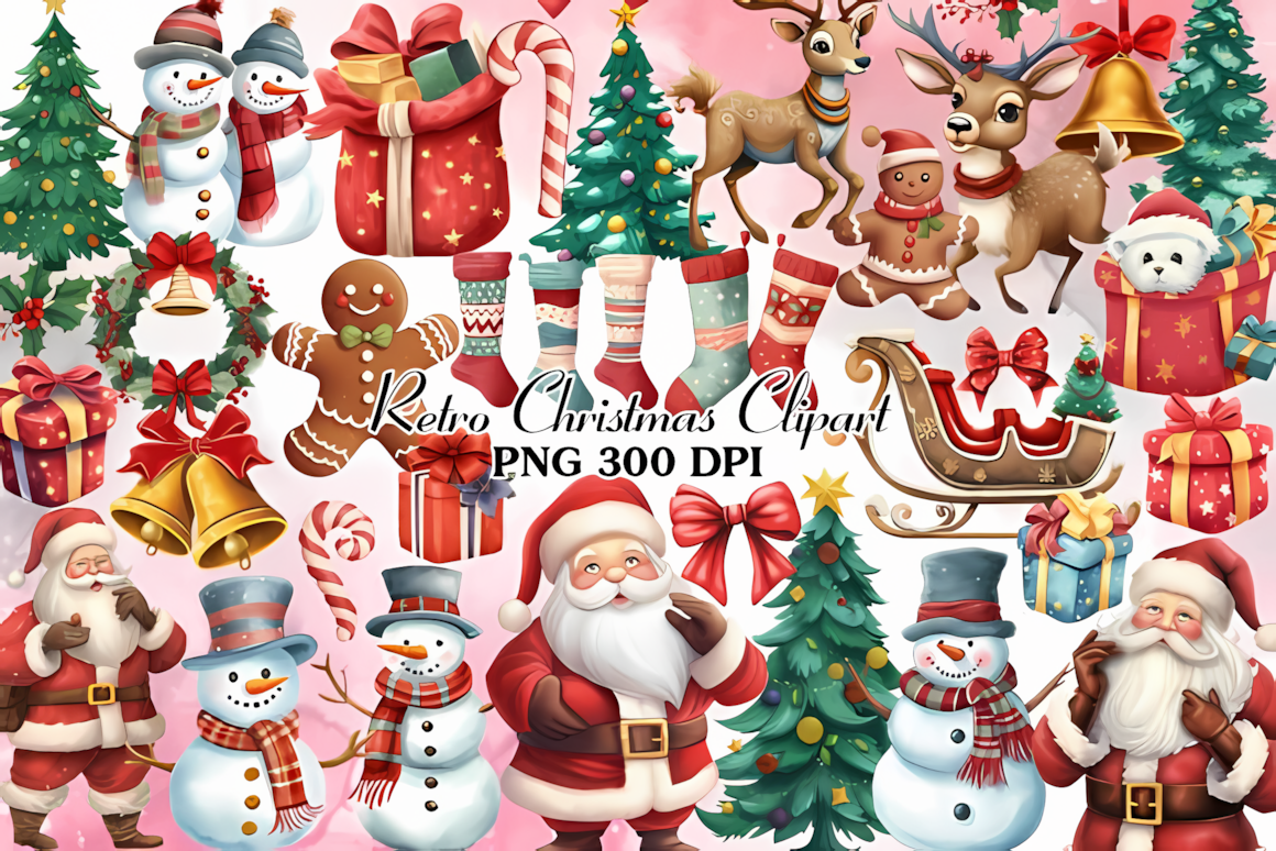 Retro Christmas sublimation clipart set for mugs and holiday crafts