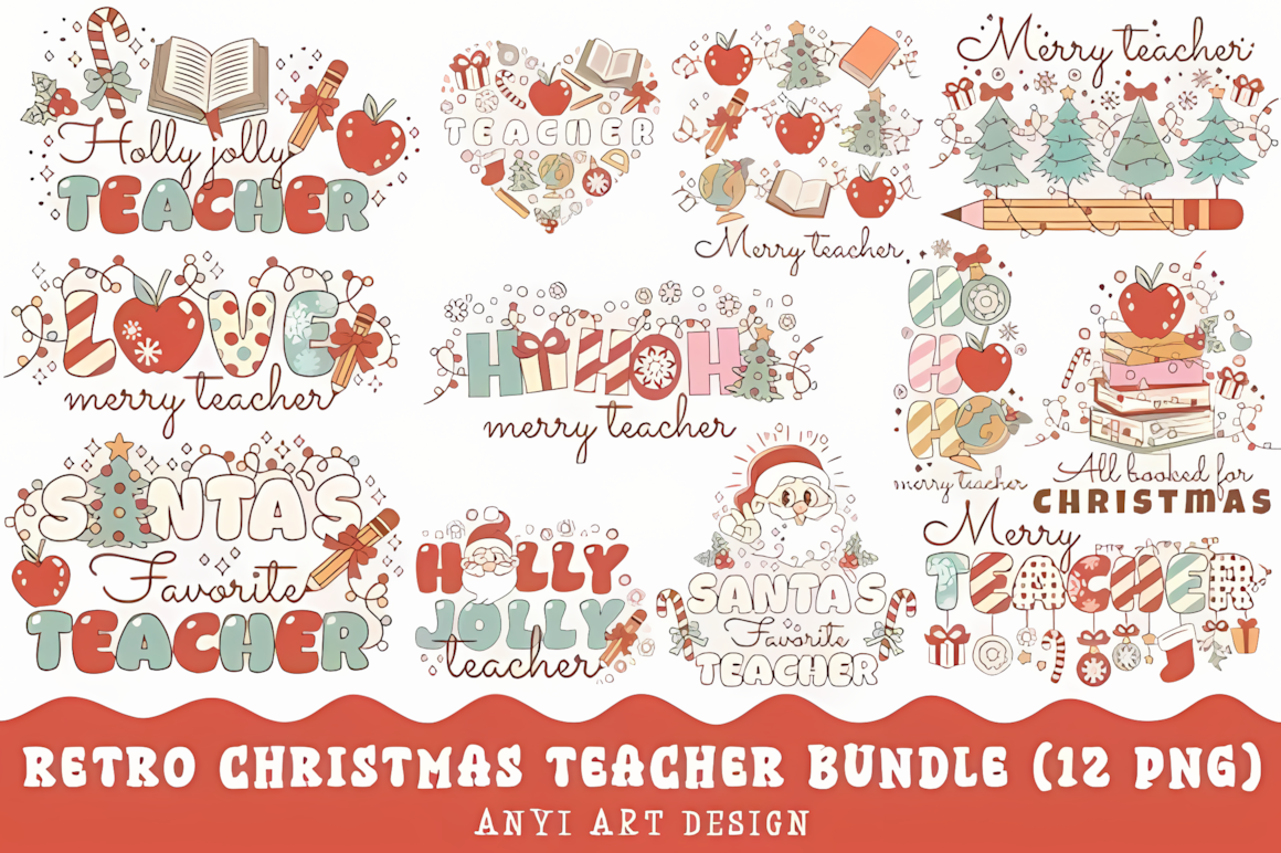 Retro Christmas teacher sublimation PNG bundle for holiday gifts