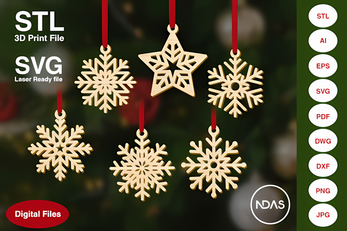 Tree decor set layout using a wooden snowflake ornament vector template