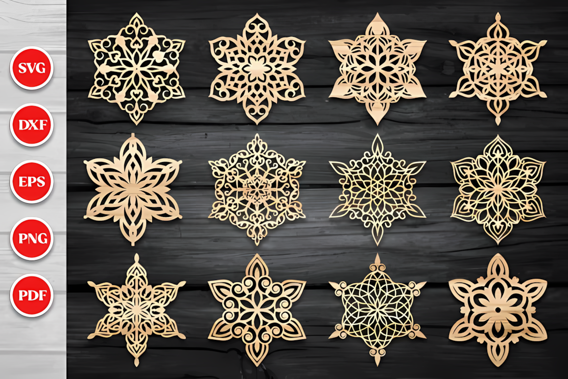 12 DXF pack design for a snowflake ornament laser cut
