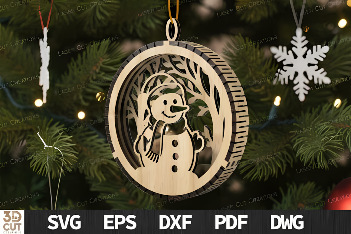 multi dimensional wooden pendant showing a 3d laser cut snowman holiday gift tag with multi layer depth