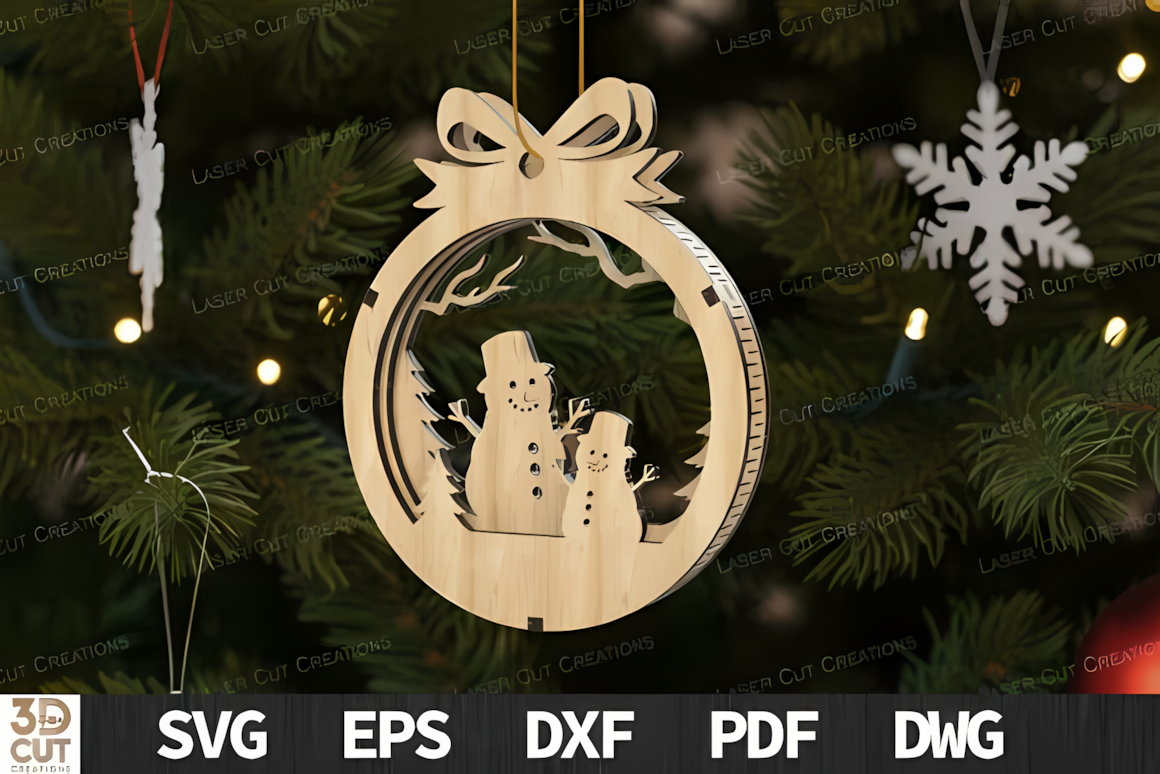 detailed laser etched wooden bauble showing an intricate layered wood snowman christmas tree decor for laser engraving