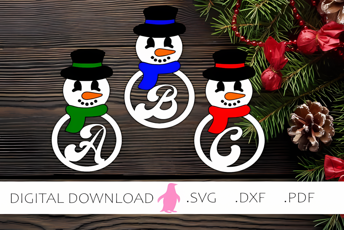 single layer letter monogram cutout showing a quick cut initial snowman monogram ornament laser cut file