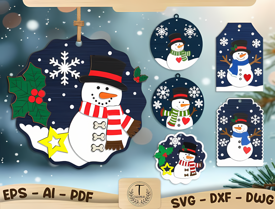 set of festive wooden gift tags showing a multi shape snowman ornament laser cut file bundle for gift tags