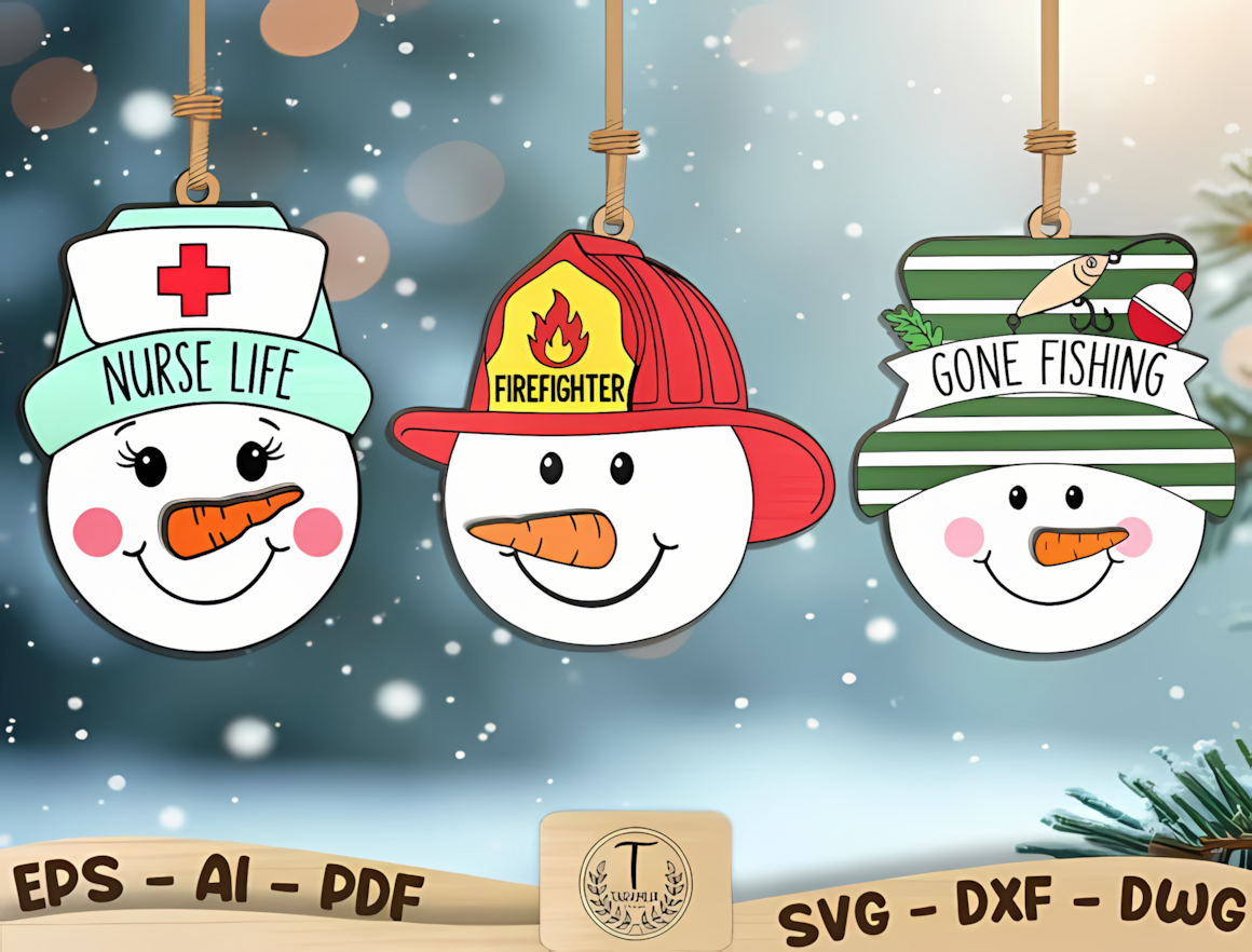 career themed holiday decorations showing a profession and hobby snowman ornament laser cut bundle for nurses and firefighters