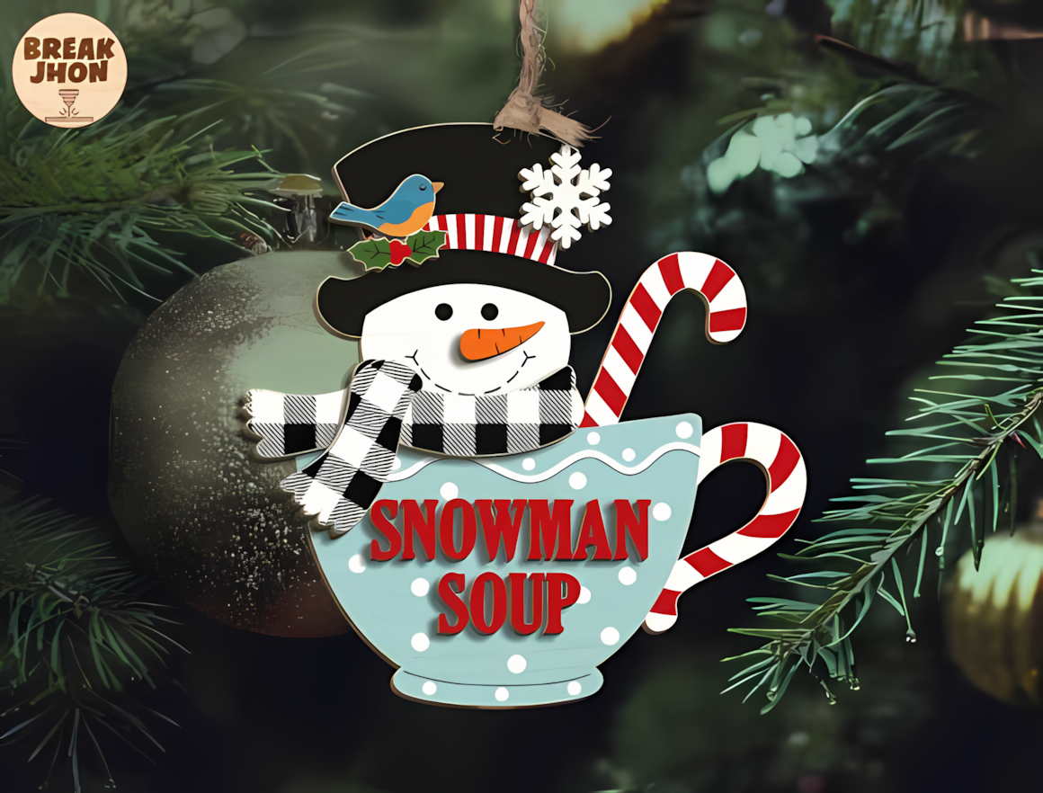 festive hot chocolate mug design crafted as a cozy snowman soup ornament laser cut file with cocoa cup design