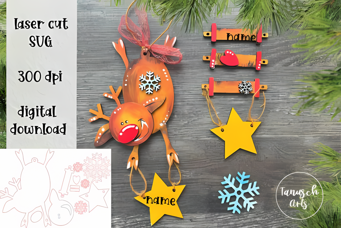 humorous upside down hanging position for tree decor featuring personalized reindeer alphabet ornament svg