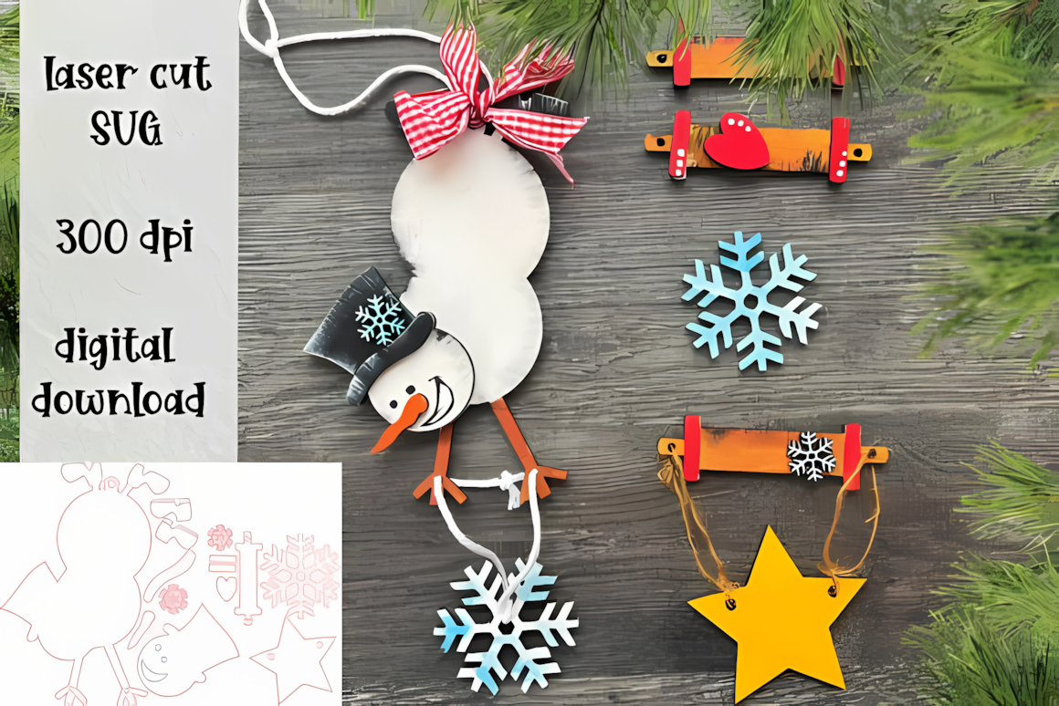 playful standing timber craft showing a funny upside down snowman ornament laser cut file for shelf sitters