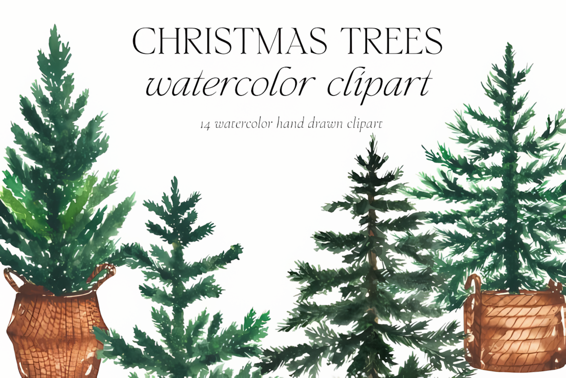snowy fir and evergreen pine watercolor christmas tree clipart for winter landscape art