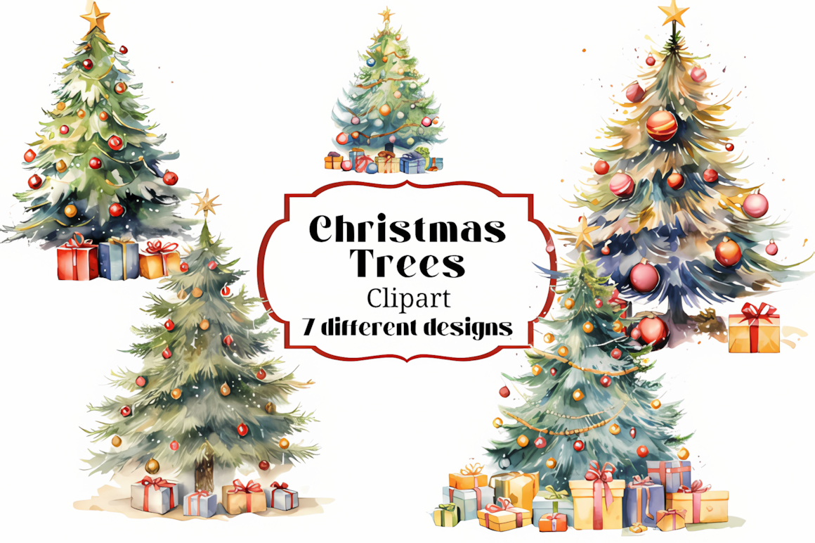 hand painted watercolor christmas tree clipart with colorful ornaments for holiday scrapbooking