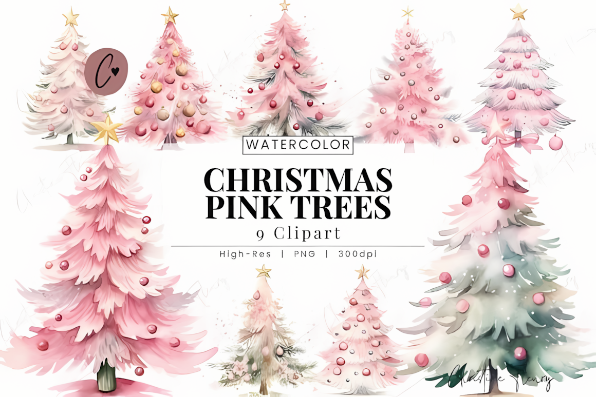 hand painted watercolor pink christmas tree png elements for holiday crafts and digital scrapbooking
