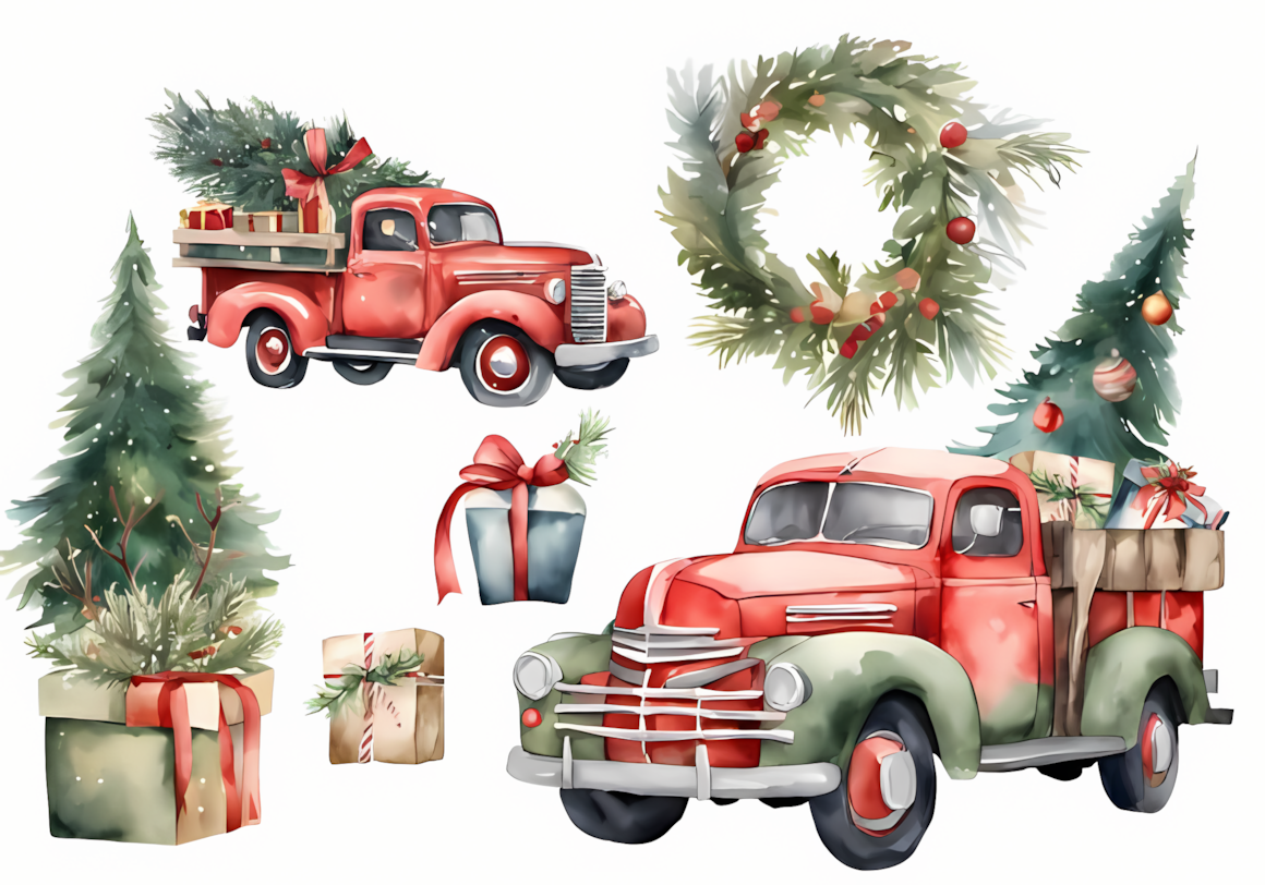 Watercolor retro Christmas trucks PNG clipart with festive holiday decor