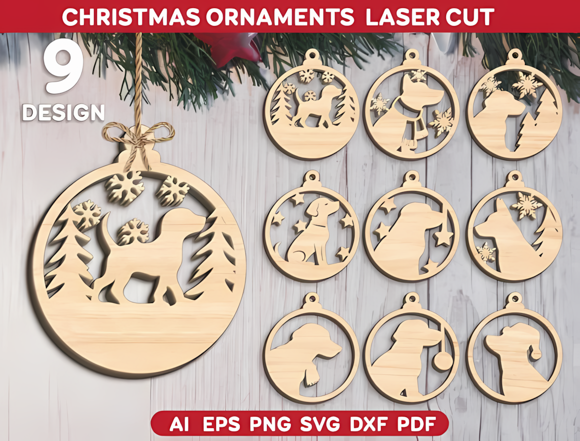 Natural wood finish custom laser cut dog breed ornament bundle for holiday gifts