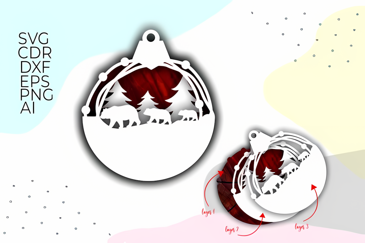 Fluffy bear with a wrapped gift and layered fur details in a laser cut bear ornament bundle