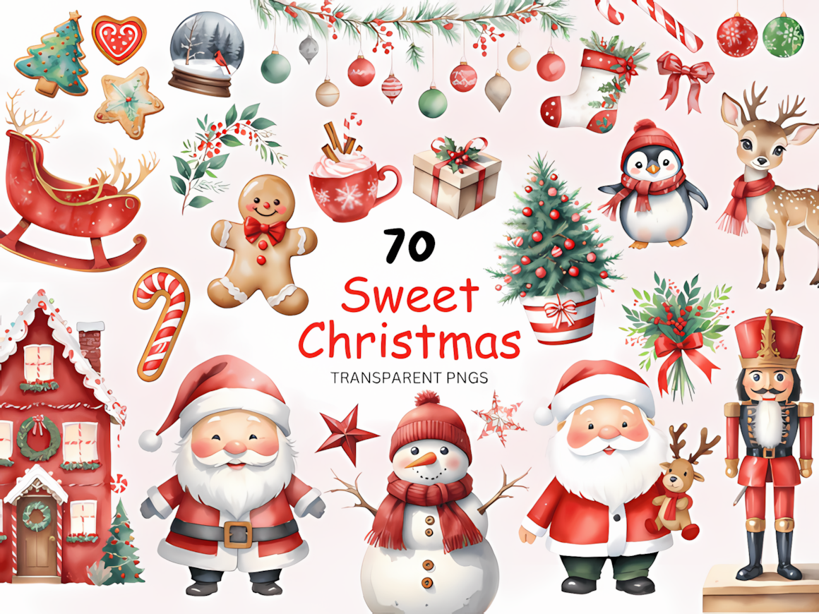 Hand painted Santa’s Village scene with reindeer and North Pole charm from a 70-piece cute christmas clipart bundle