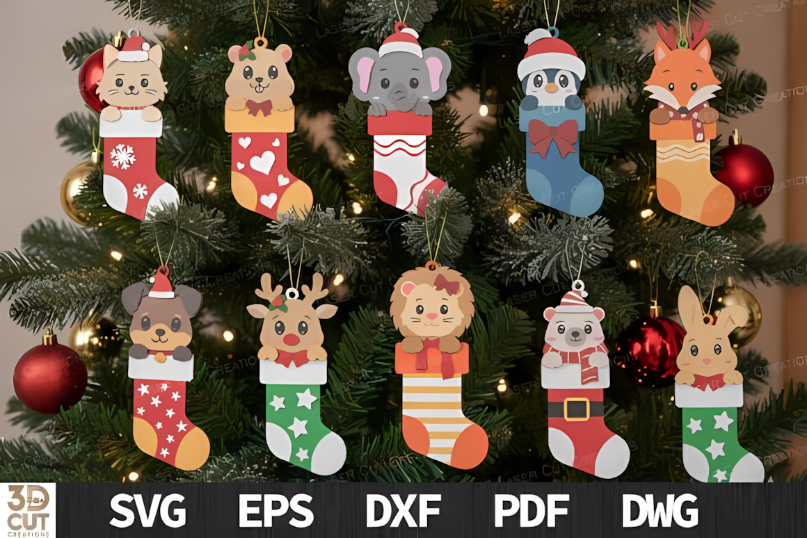 Playful cat, dog and bunny peeking out of knitted stockings in a cute christmas animal ornament svg bundle