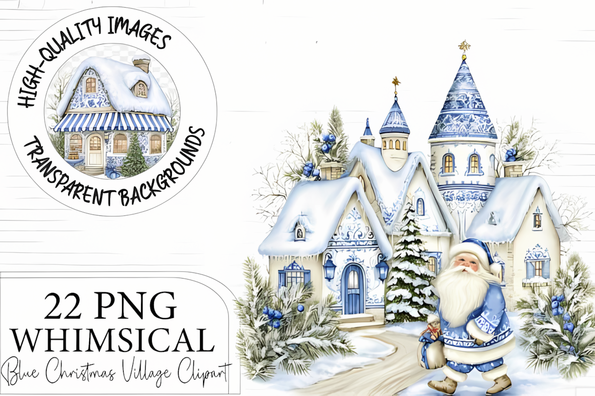 blue christmas village clipart bundle featuring seasonal houses png