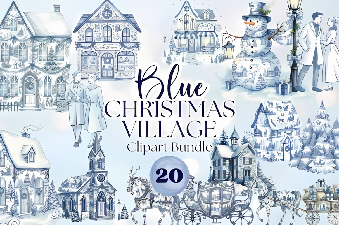 blue toile christmas village bundle with winter holiday elements