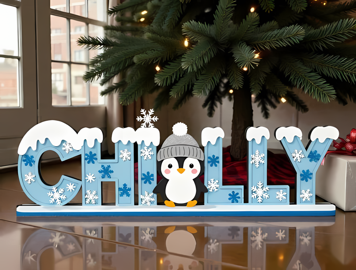 Chilly bird in a striped hat standing on an icy base as a winter sign laser cut in 3D