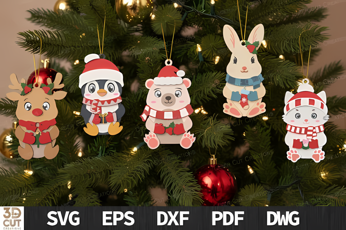 Round collection of fox, penguin and bunny in holiday outfits in a cute christmas animal ornament svg set