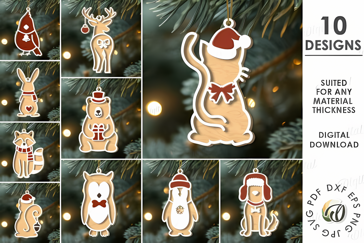 Assorted forest creatures with hanging loops in a christmas animals ornament laser cut bundle