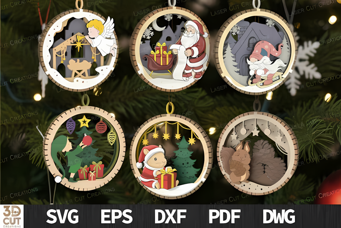 Cartoon gnome and elf faces in a 3d wooden christmas ornament pack hanging on a green garland