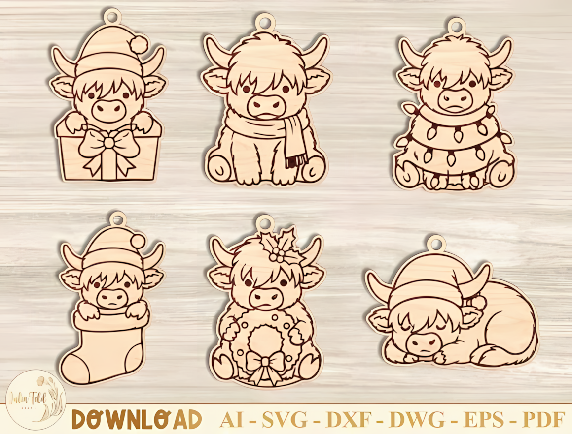 Rustic cow with a holly wreath and a bell in a christmas animals ornament laser cut design
