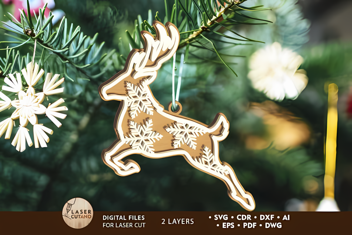 Detailed standing stag with a festive bow among pine cones in a woodland animal christmas ornaments set
